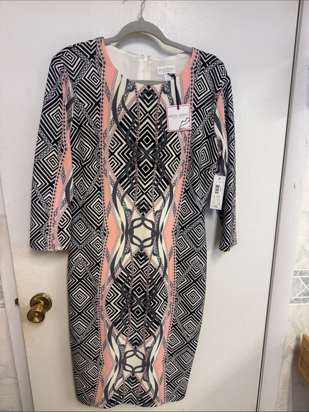 Bisou Bisou Black, Pink & Cream Geometric Midi Sheath Dress